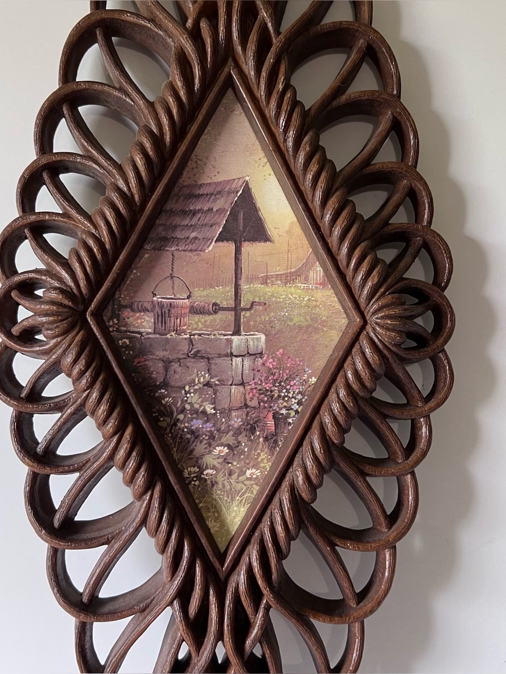 Vintage 1975 Burwood Wall Decor Style #1350 Wishing Well Bucket Floral Faux Wood